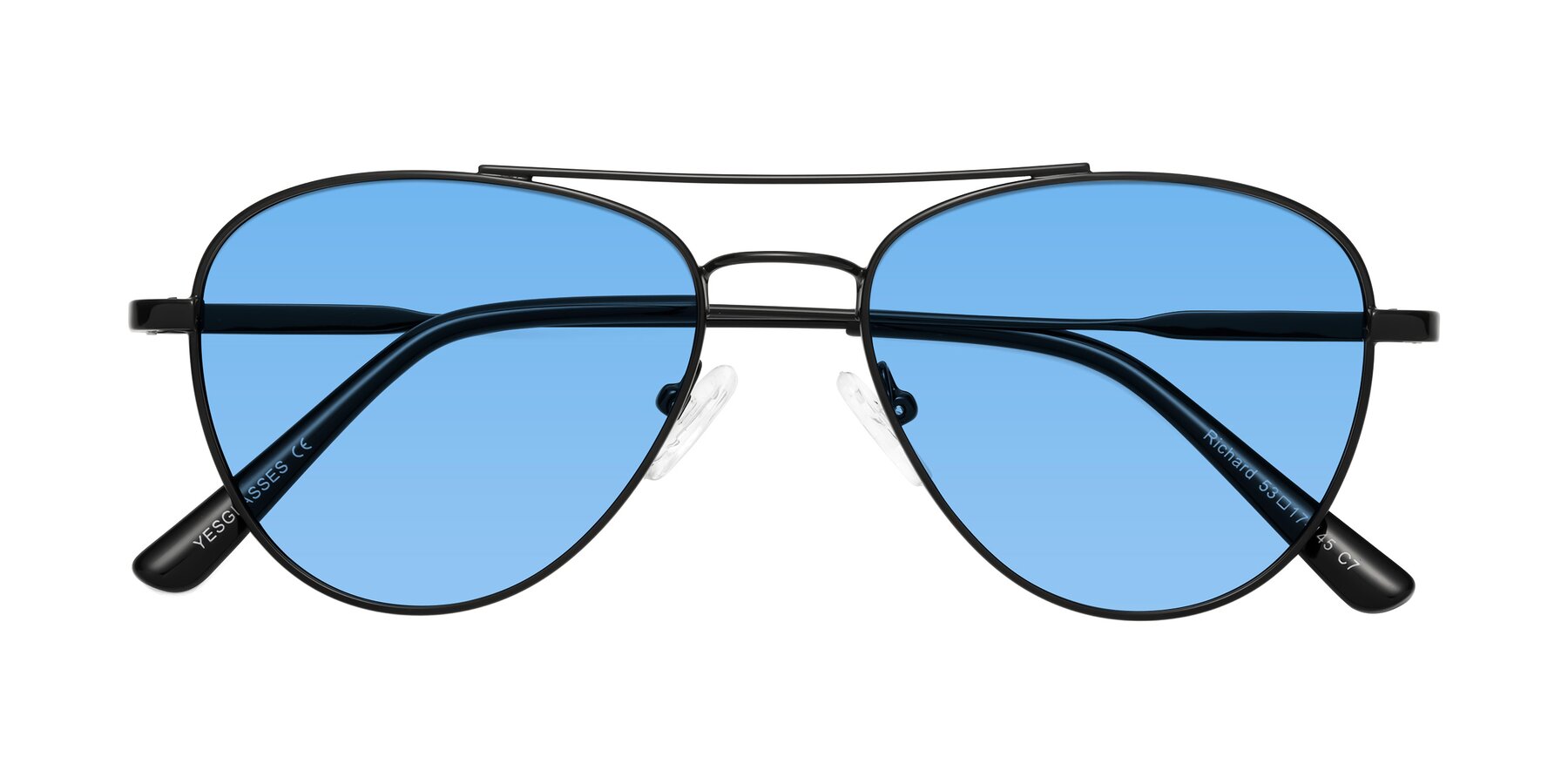 Folded Front of Richard in Black with Medium Blue Tinted Lenses