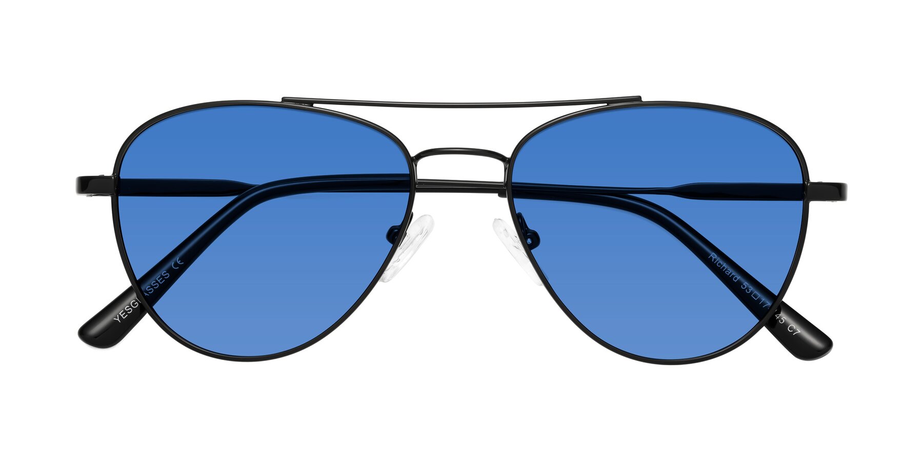 Folded Front of Richard in Black with Blue Tinted Lenses