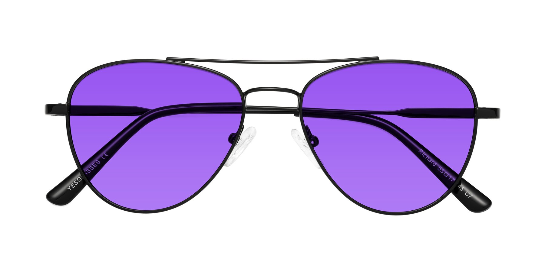 Folded Front of Richard in Black with Purple Tinted Lenses