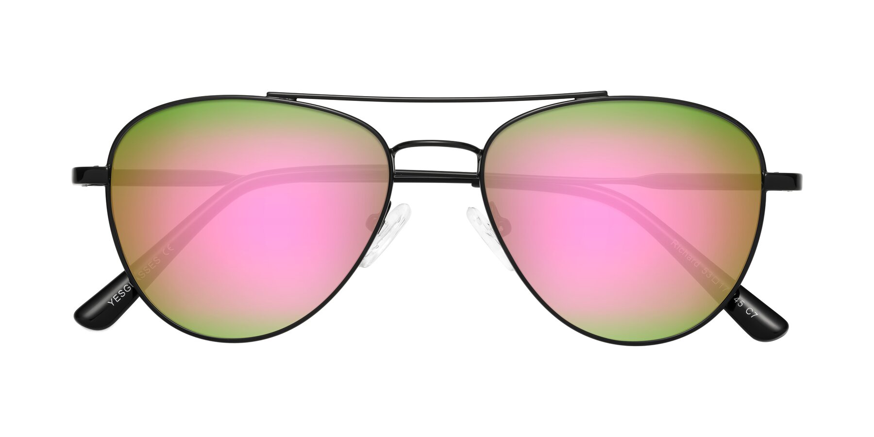 Folded Front of Richard in Black with Pink Mirrored Lenses