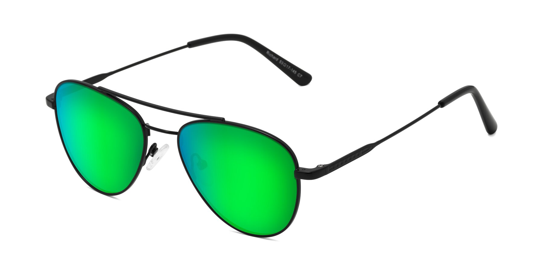 Angle of Richard in Black with Green Mirrored Lenses