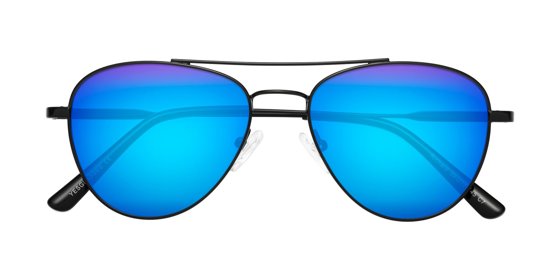 Folded Front of Richard in Black with Blue Mirrored Lenses