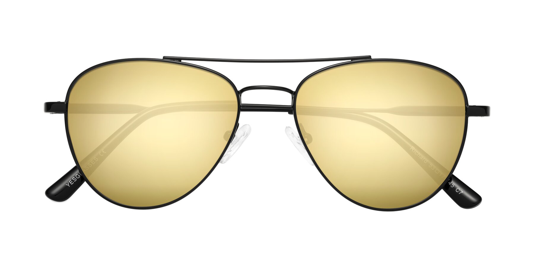 Folded Front of Richard in Black with Gold Mirrored Lenses