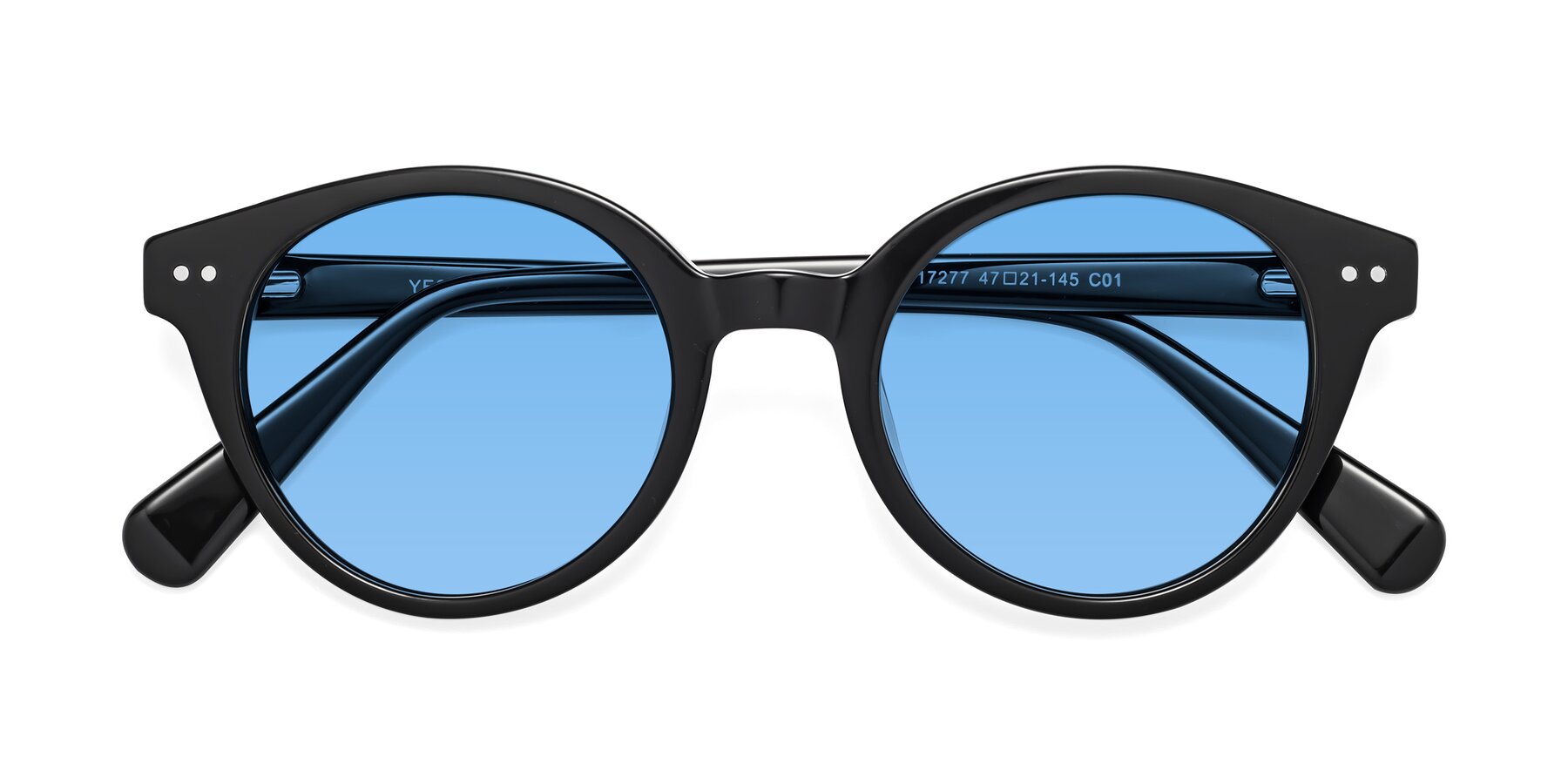 Folded Front of Bellion in Black with Medium Blue Tinted Lenses