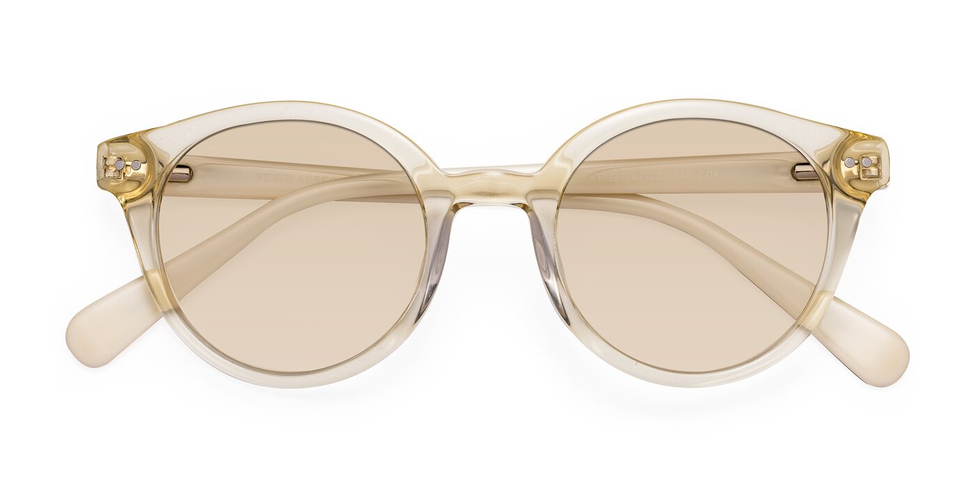 Transparent Beige Narrow Thick Round Tinted Sunglasses with Light Brown
