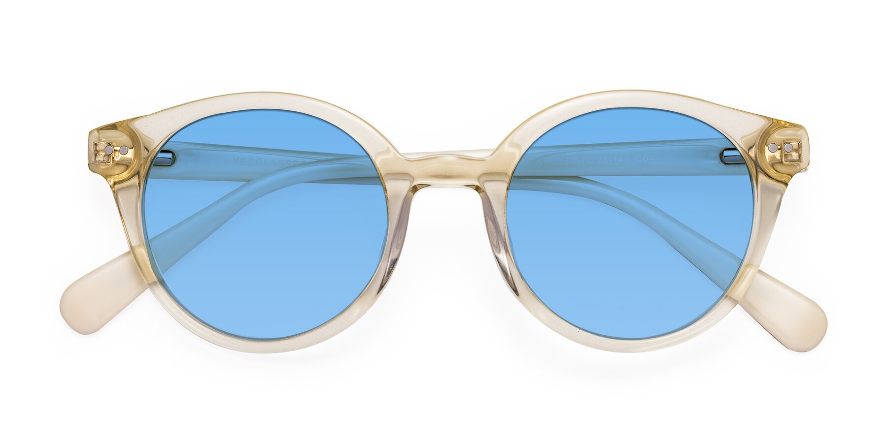 Folded Front of Bellion in Transparent Beige with Medium Blue Tinted Lenses