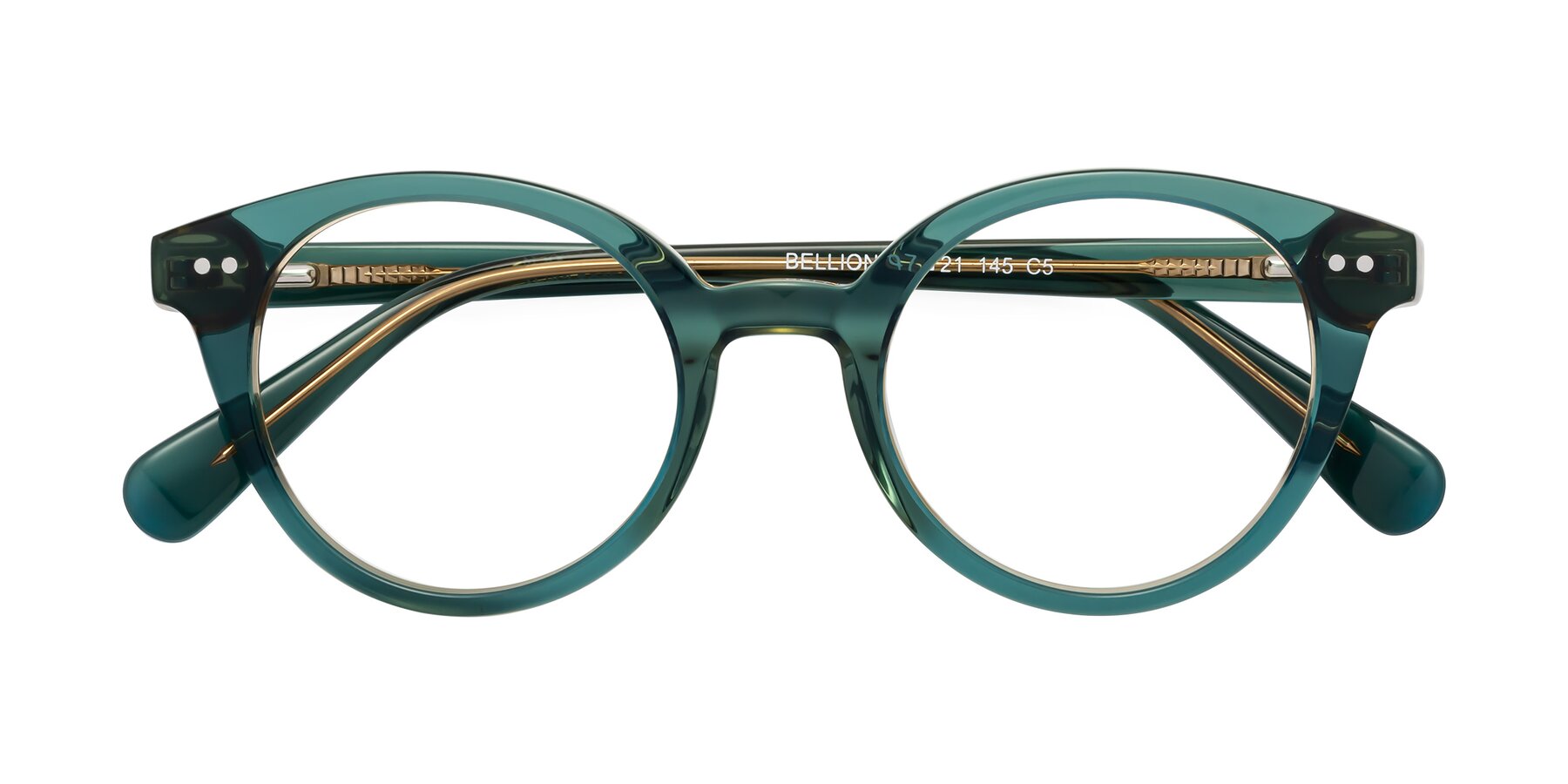 Folded Front of Bellion in Transparent Green with Clear Eyeglass Lenses