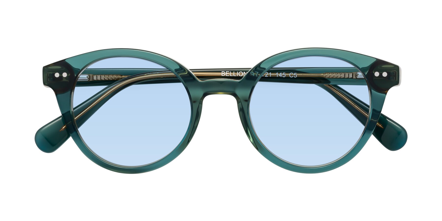 Folded Front of Bellion in Transparent Green with Light Blue Tinted Lenses