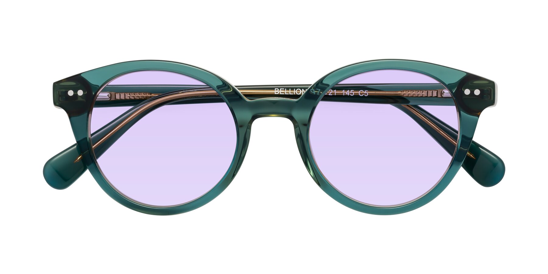 Folded Front of Bellion in Transparent Green with Light Purple Tinted Lenses