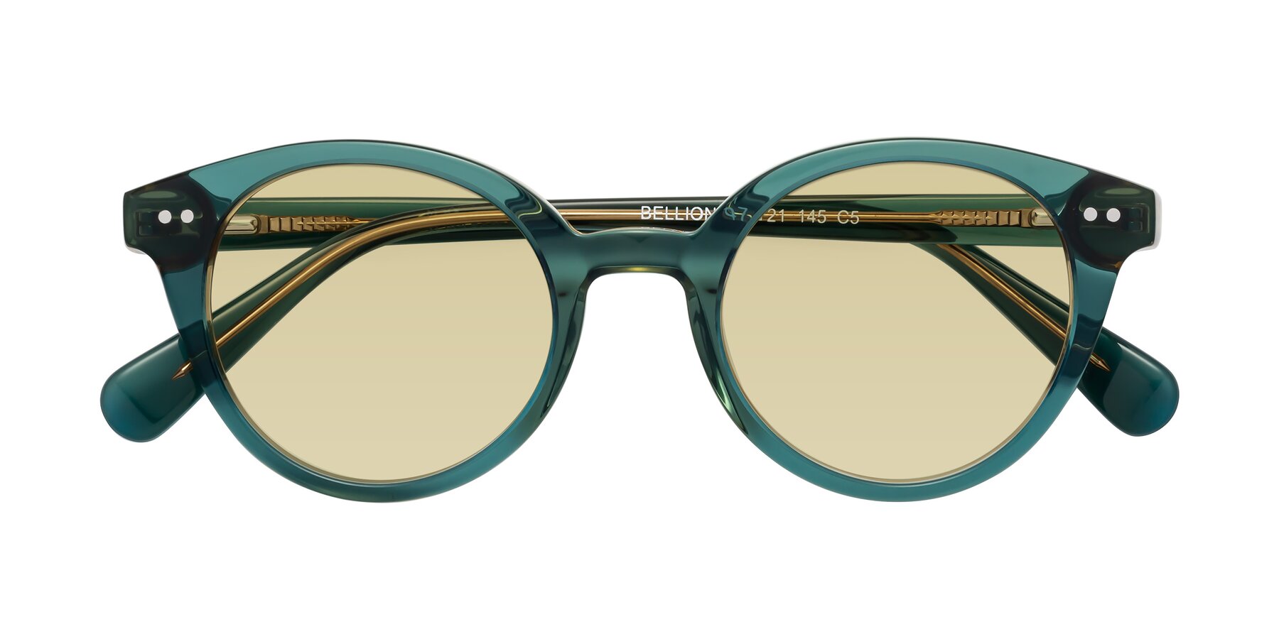 Folded Front of Bellion in Transparent Green with Light Champagne Tinted Lenses