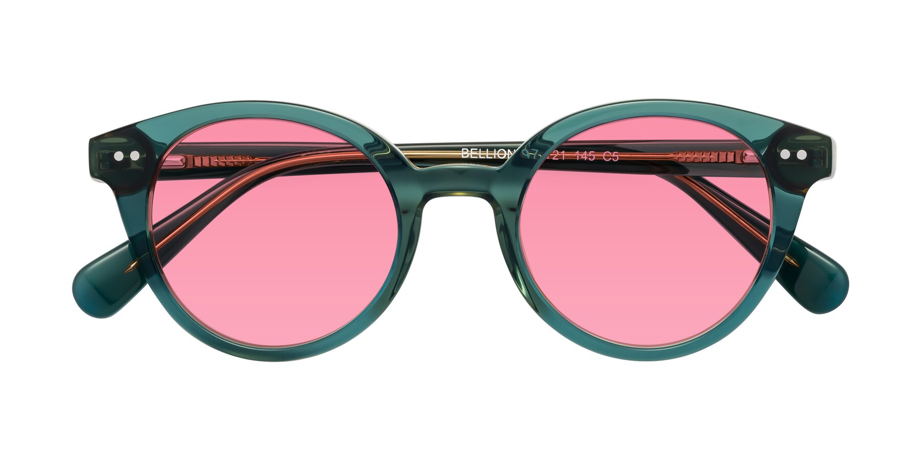 Folded Front of Bellion in Transparent Green with Pink Tinted Lenses