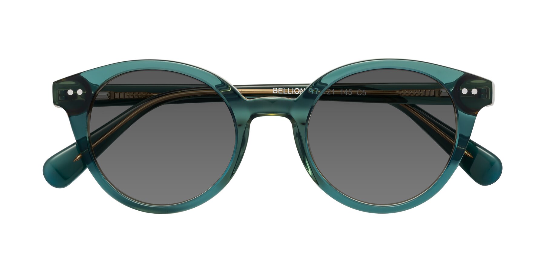 Folded Front of Bellion in Transparent Green with Medium Gray Tinted Lenses