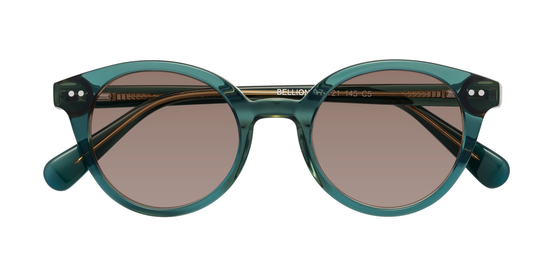 Folded Front of Bellion in Transparent Green with Medium Brown Tinted Lenses