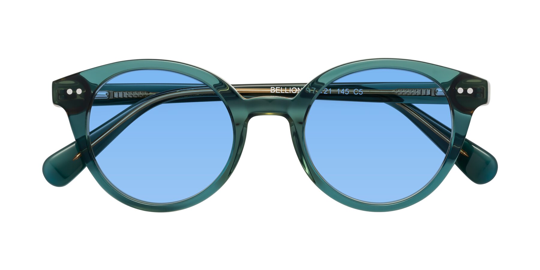 Folded Front of Bellion in Transparent Green with Medium Blue Tinted Lenses