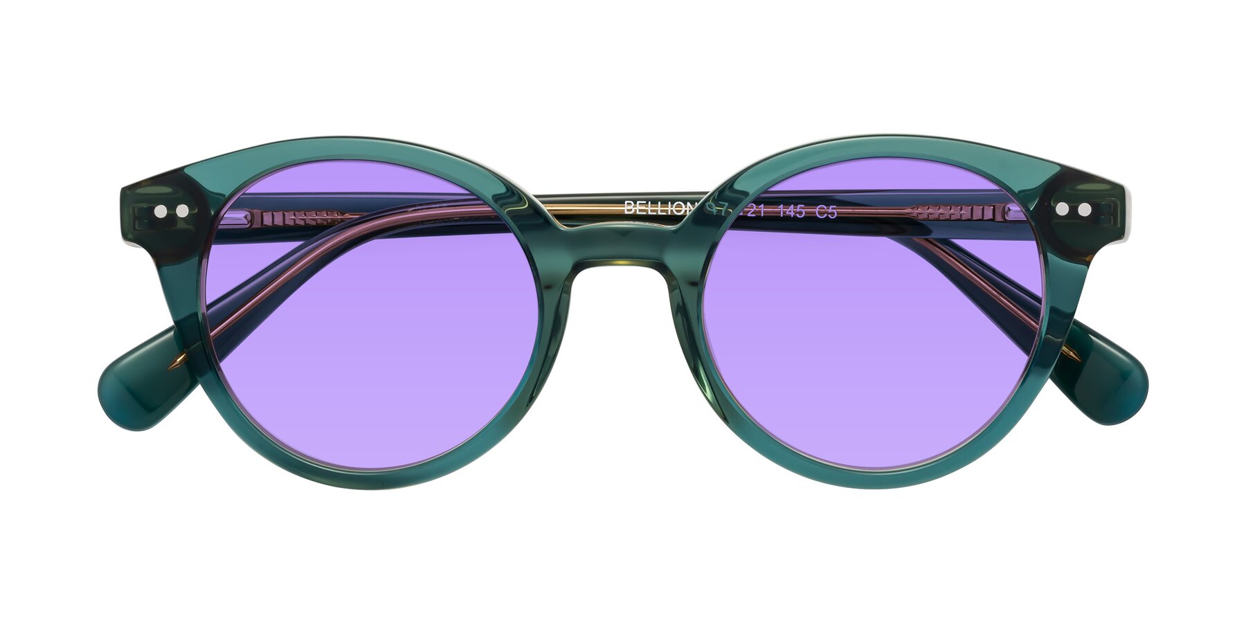 Folded Front of Bellion in Transparent Green with Medium Purple Tinted Lenses