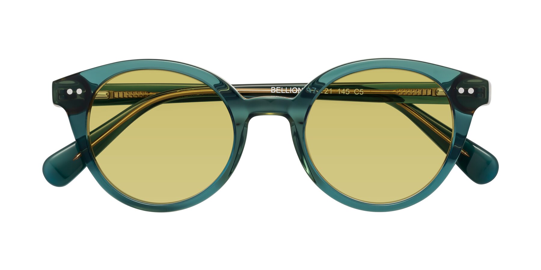 Folded Front of Bellion in Transparent Green with Medium Champagne Tinted Lenses