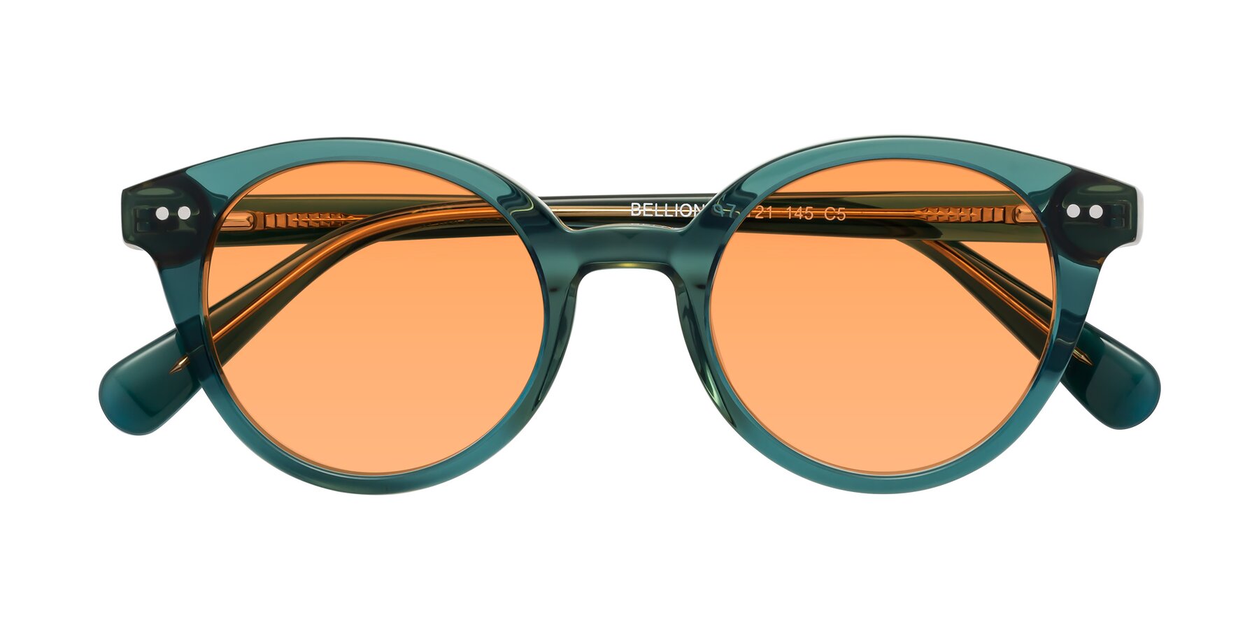 Folded Front of Bellion in Transparent Green with Medium Orange Tinted Lenses