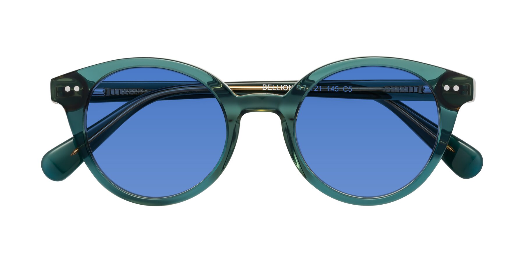 Folded Front of Bellion in Transparent Green with Blue Tinted Lenses