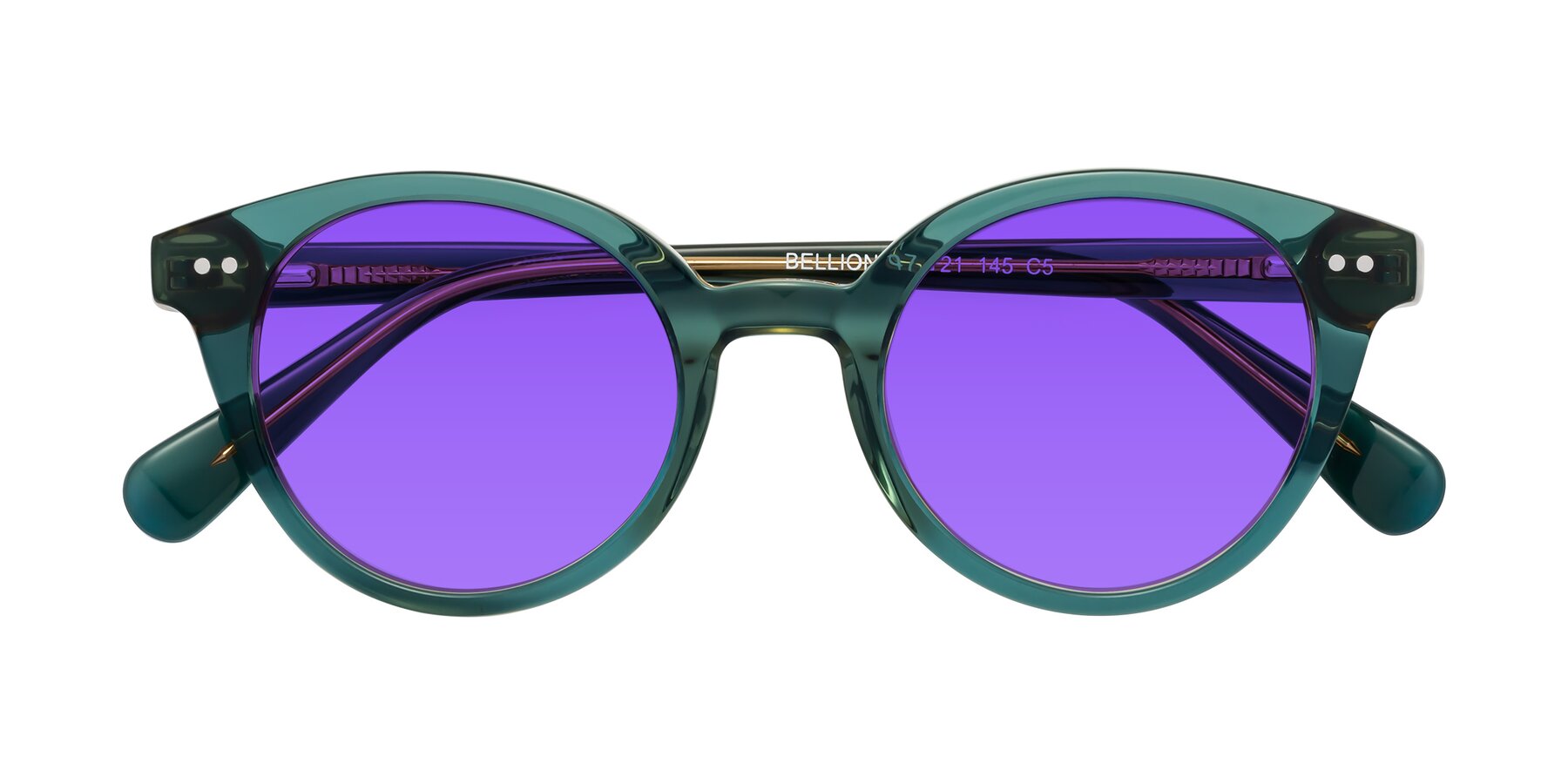 Folded Front of Bellion in Transparent Green with Purple Tinted Lenses