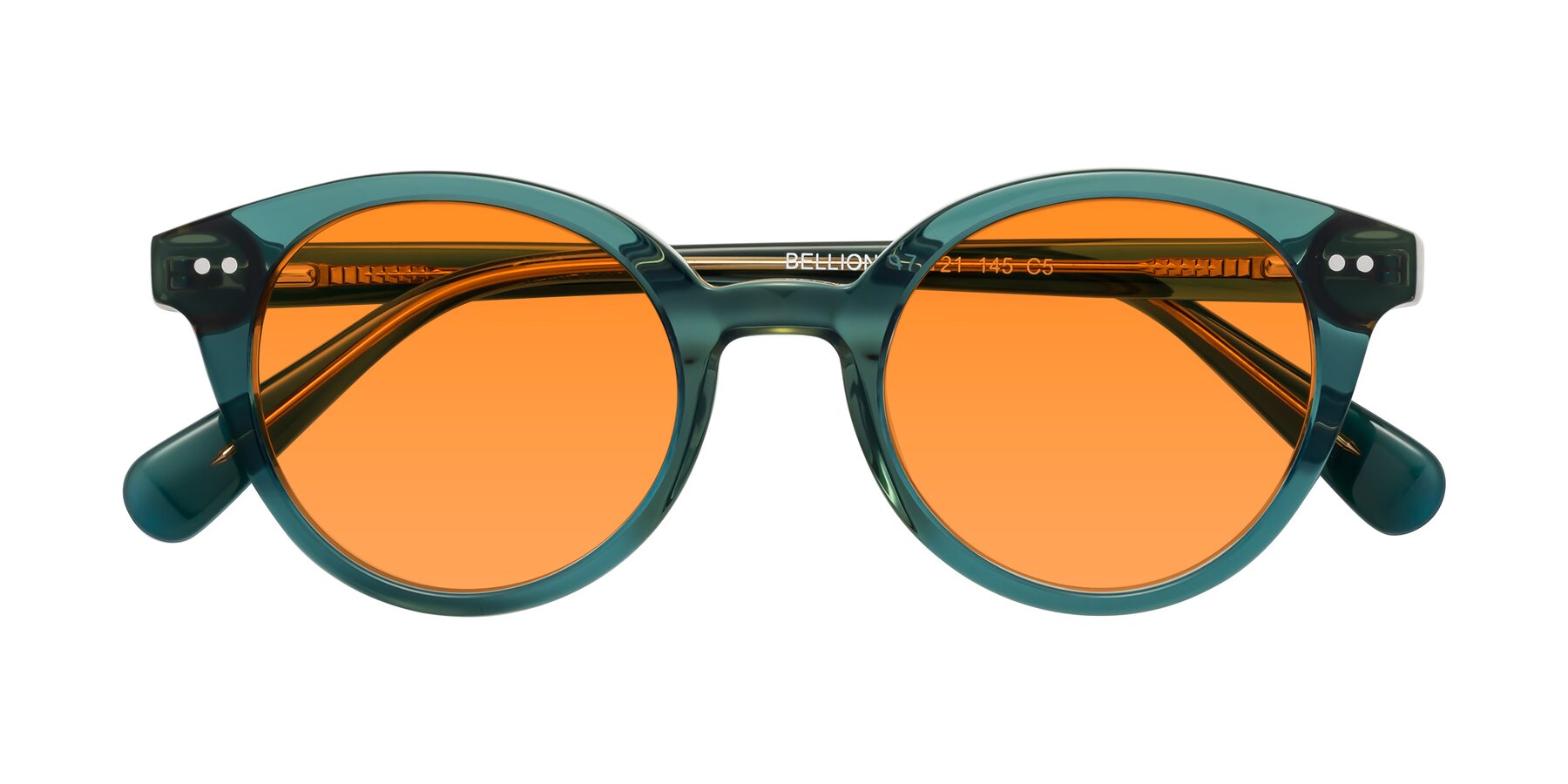 Folded Front of Bellion in Transparent Green with Orange Tinted Lenses