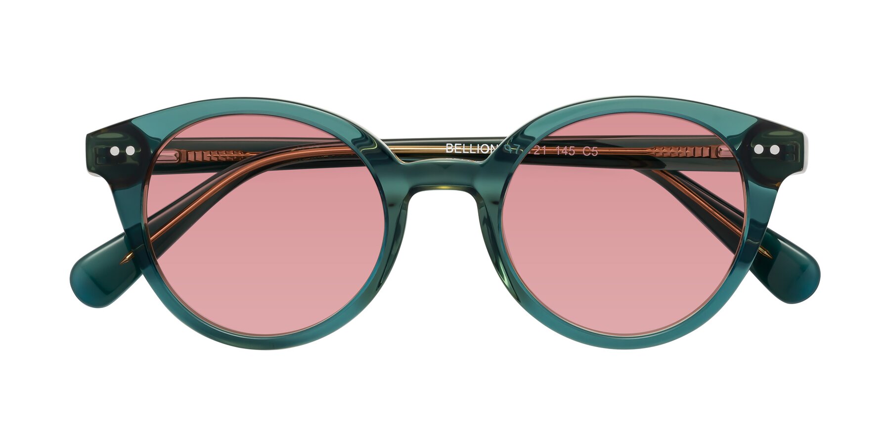 Folded Front of Bellion in Transparent Green with Medium Garnet Tinted Lenses