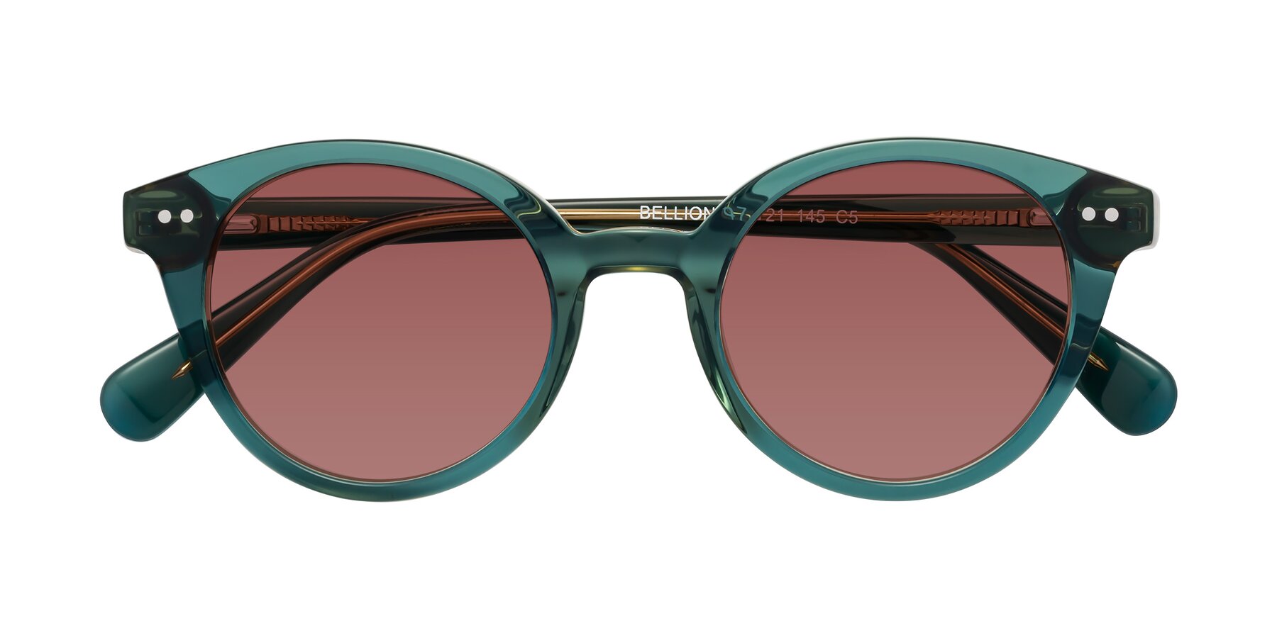 Folded Front of Bellion in Transparent Green with Garnet Tinted Lenses