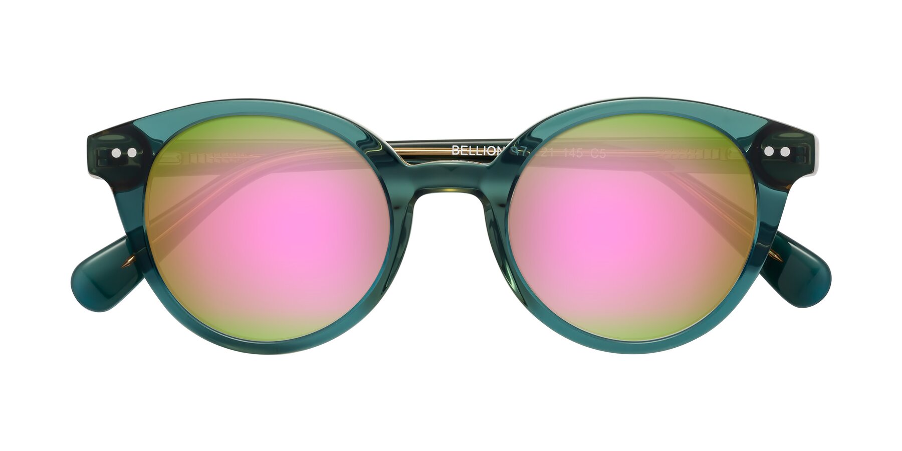 Folded Front of Bellion in Transparent Green with Pink Mirrored Lenses