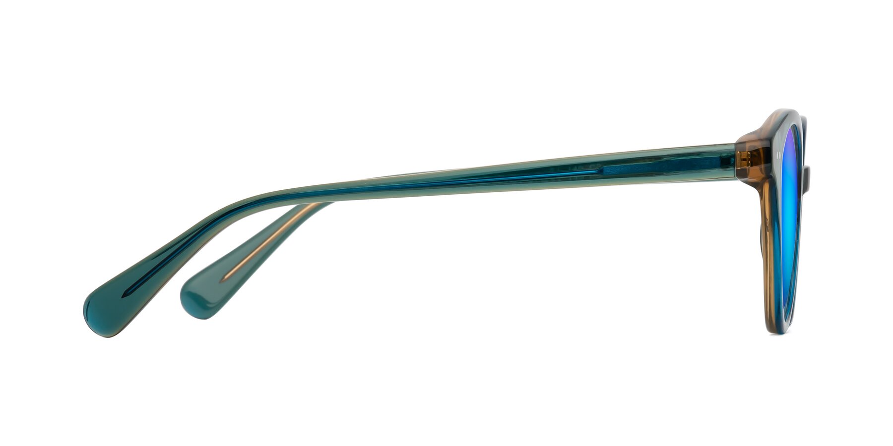 Side of Bellion in Transparent Green with Blue Mirrored Lenses