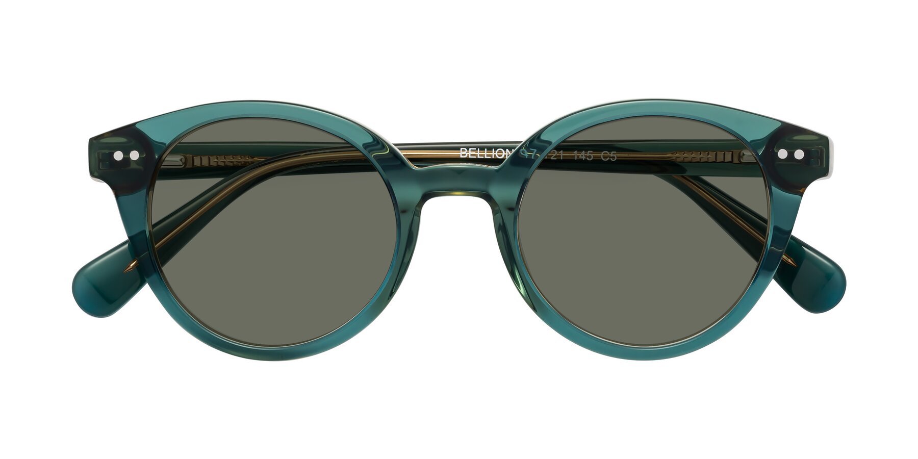 Folded Front of Bellion in Transparent Green with Gray Polarized Lenses