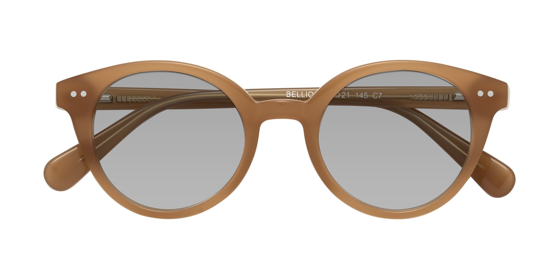 Folded Front of Bellion in Caramel with Light Gray Tinted Lenses