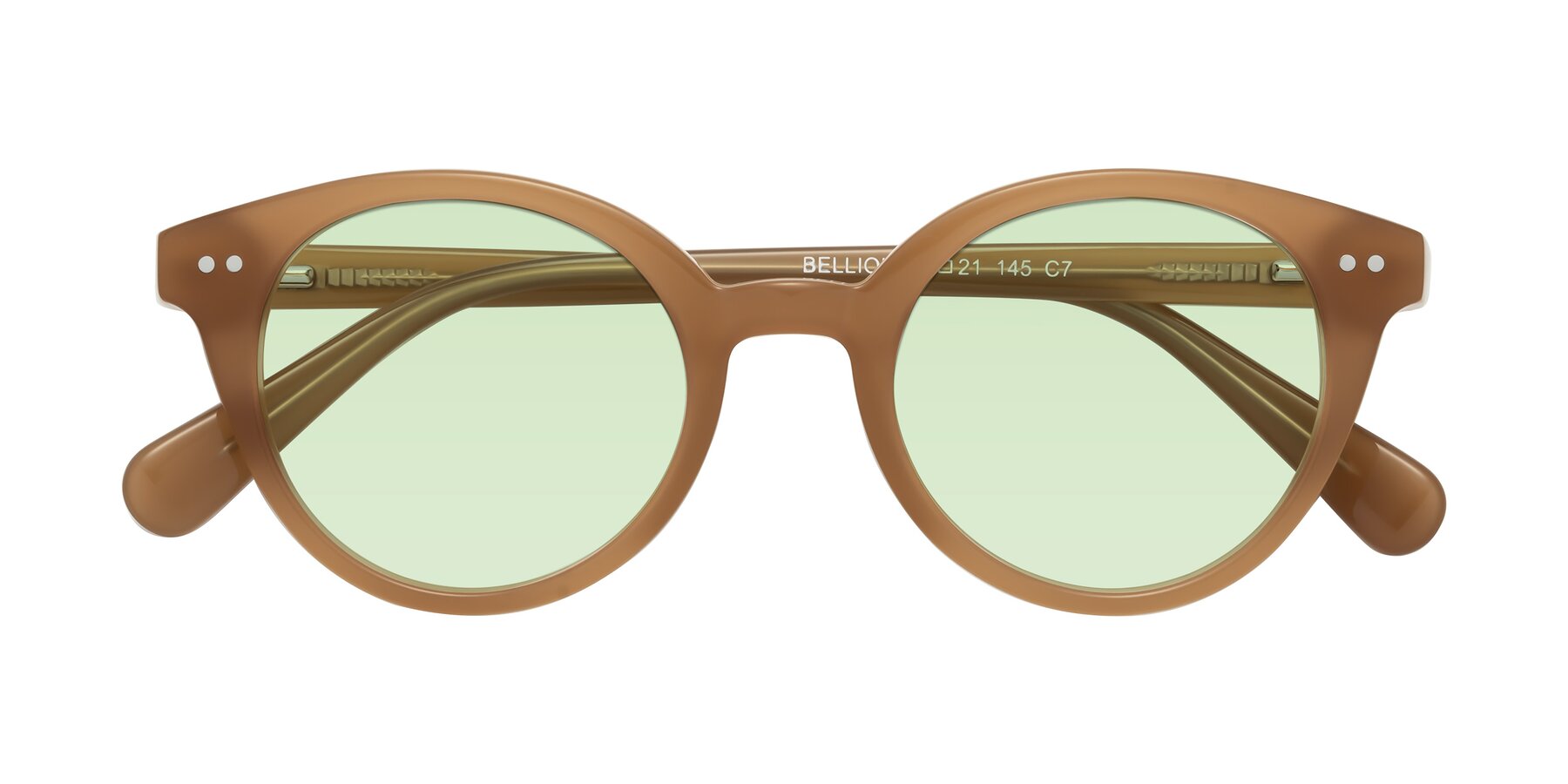 Folded Front of Bellion in Caramel with Light Green Tinted Lenses