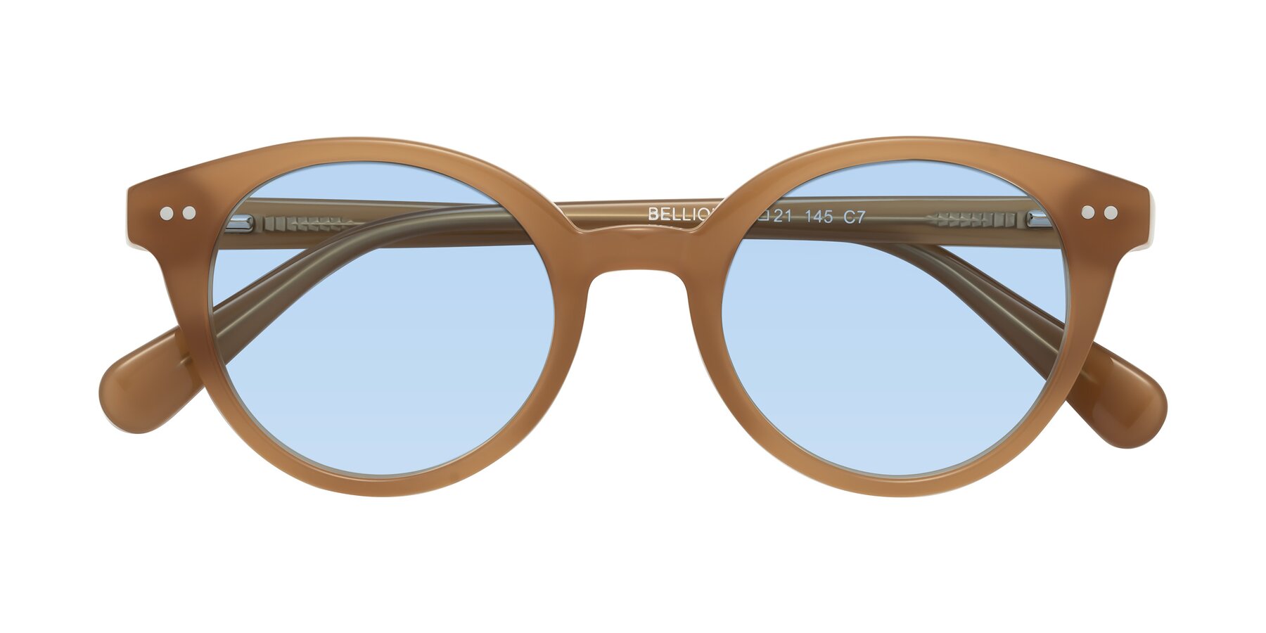 Folded Front of Bellion in Caramel with Light Blue Tinted Lenses