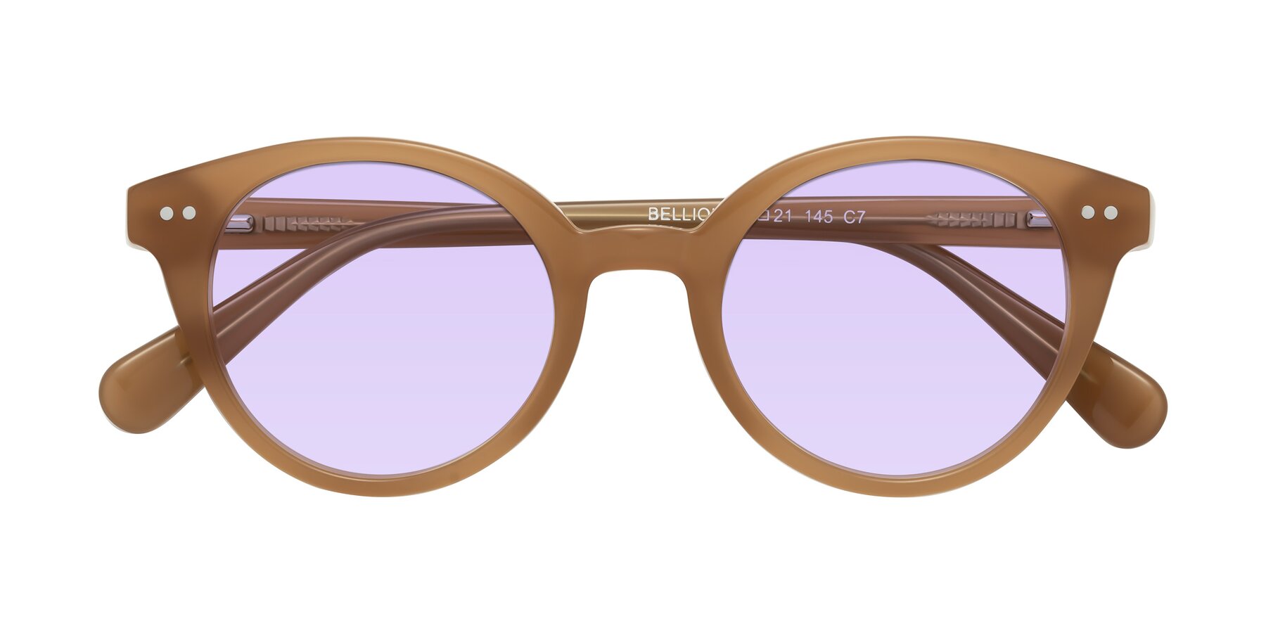 Folded Front of Bellion in Caramel with Light Purple Tinted Lenses