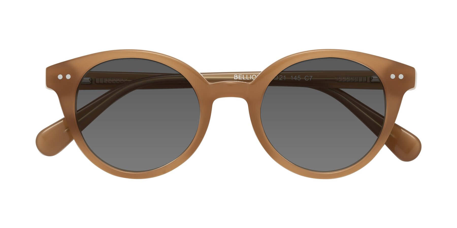 Folded Front of Bellion in Caramel with Medium Gray Tinted Lenses