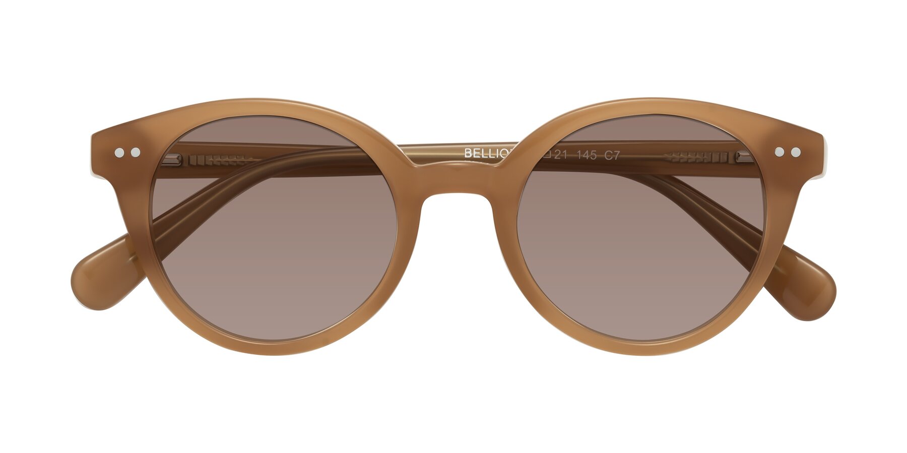 Folded Front of Bellion in Caramel with Medium Brown Tinted Lenses