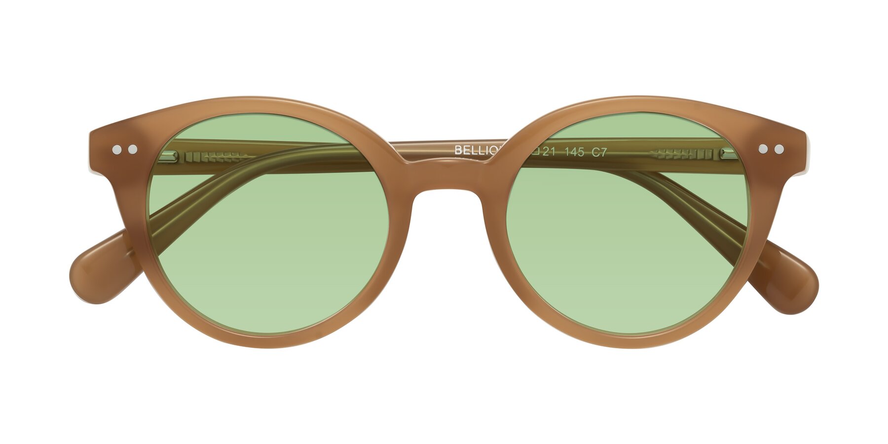 Folded Front of Bellion in Caramel with Medium Green Tinted Lenses