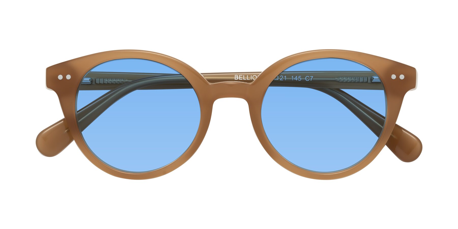 Folded Front of Bellion in Caramel with Medium Blue Tinted Lenses