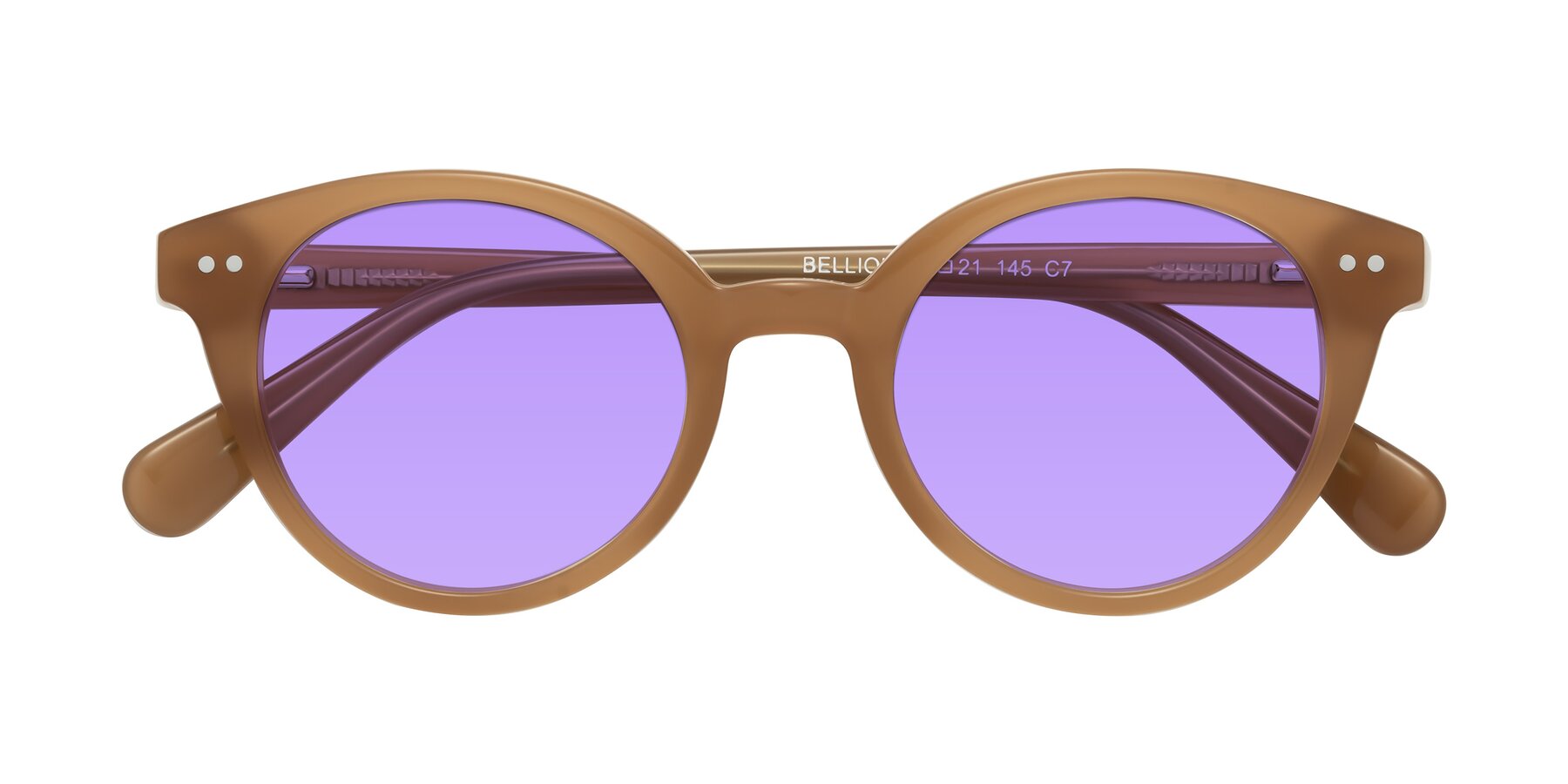 Folded Front of Bellion in Caramel with Medium Purple Tinted Lenses