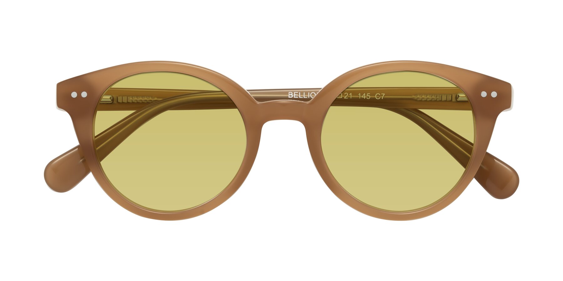 Folded Front of Bellion in Caramel with Medium Champagne Tinted Lenses