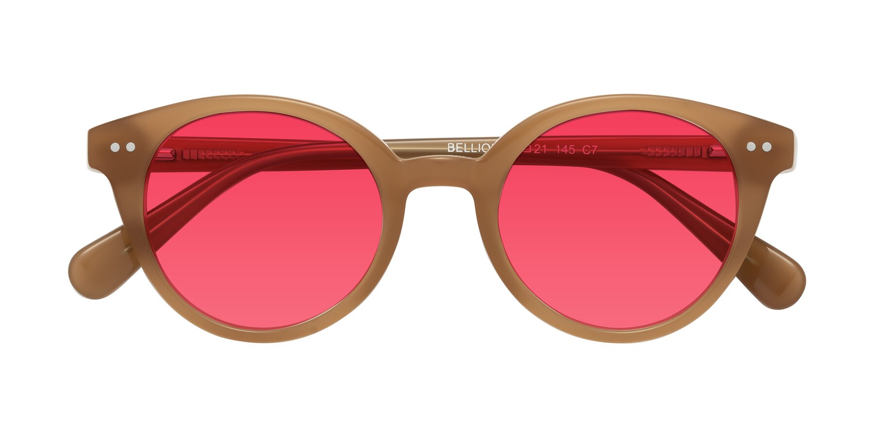 Folded Front of Bellion in Caramel with Red Tinted Lenses