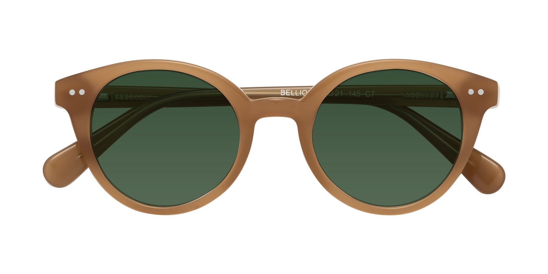 Folded Front of Bellion in Caramel with Green Tinted Lenses