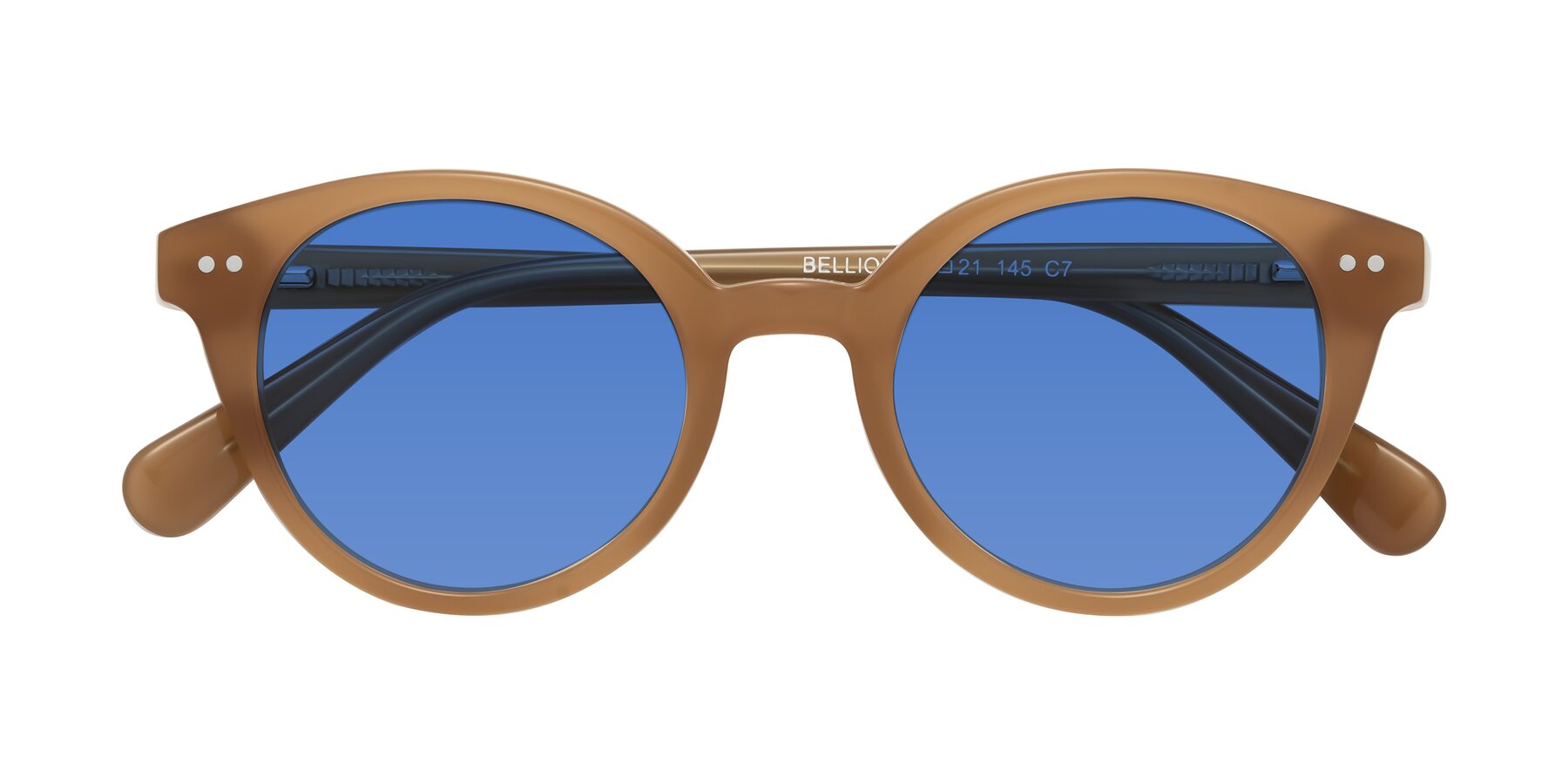 Folded Front of Bellion in Caramel with Blue Tinted Lenses