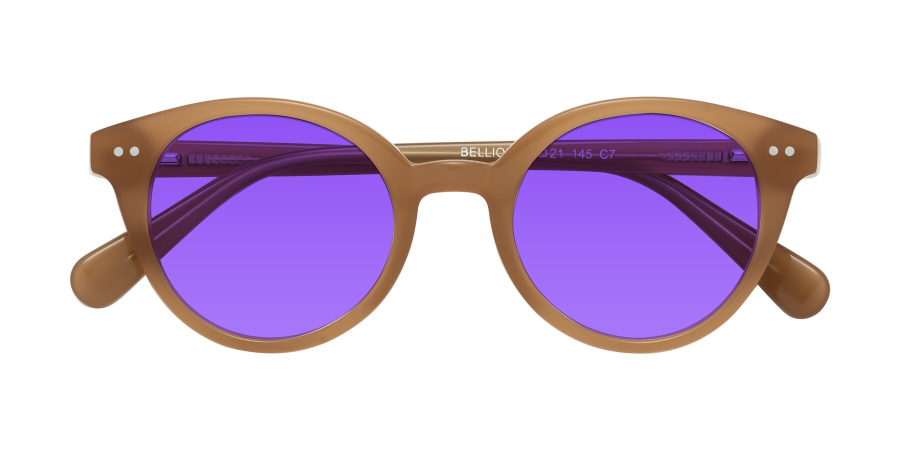 Folded Front of Bellion in Caramel with Purple Tinted Lenses