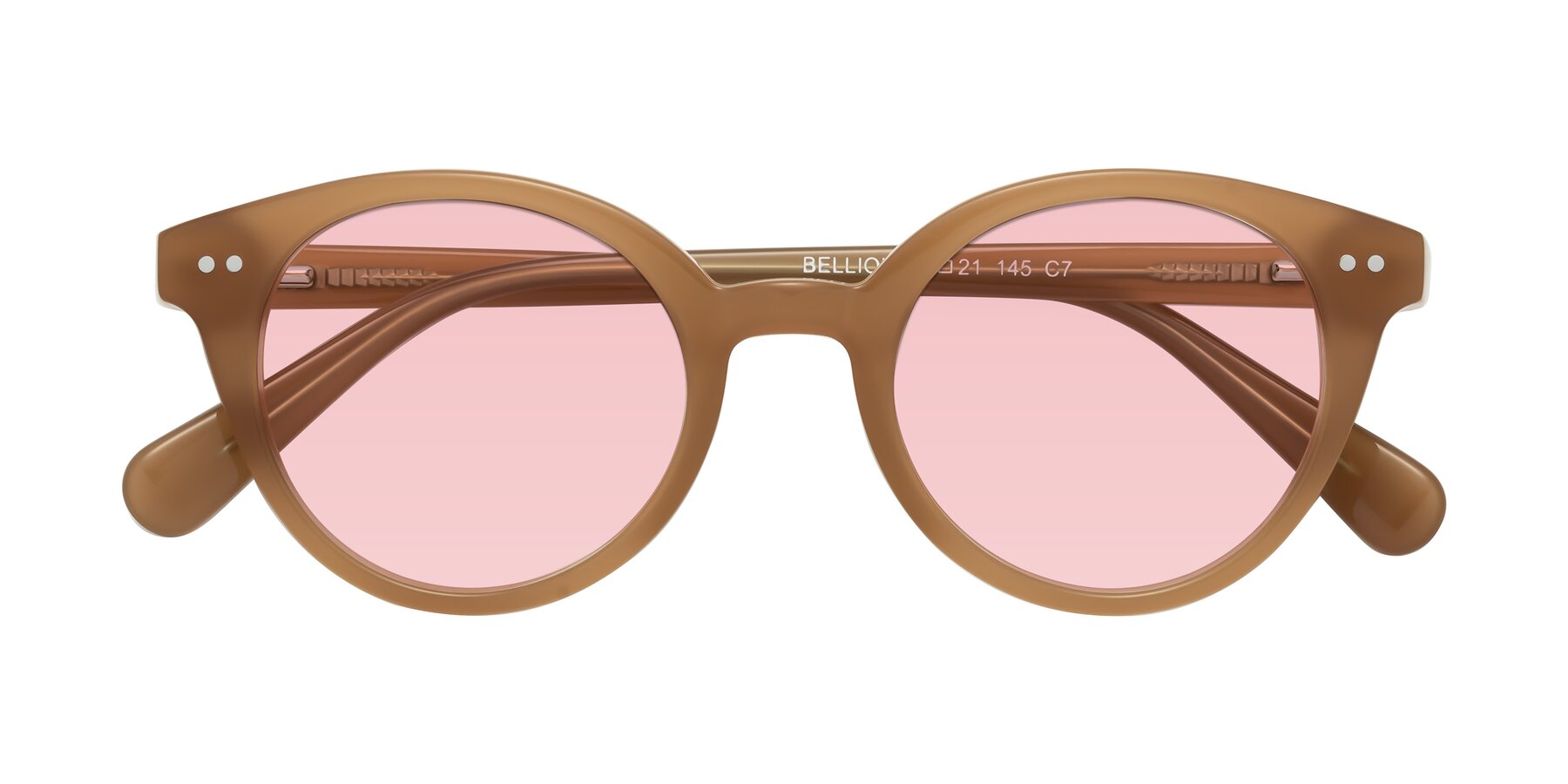 Folded Front of Bellion in Caramel with Light Garnet Tinted Lenses