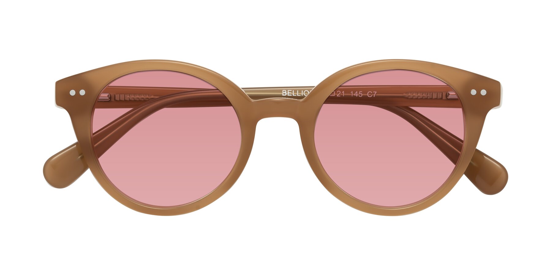 Folded Front of Bellion in Caramel with Medium Garnet Tinted Lenses