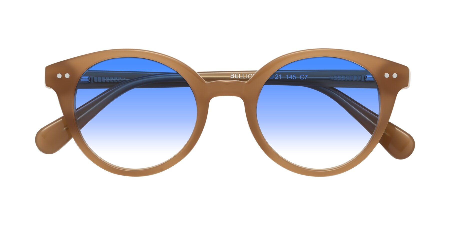 Folded Front of Bellion in Caramel with Blue Gradient Lenses