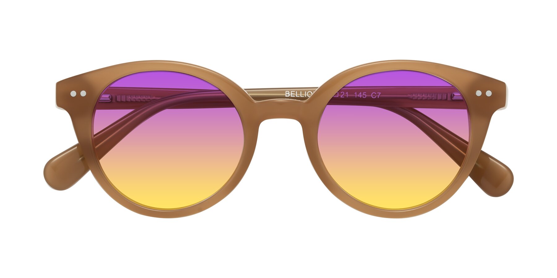 Folded Front of Bellion in Caramel with Purple / Yellow Gradient Lenses