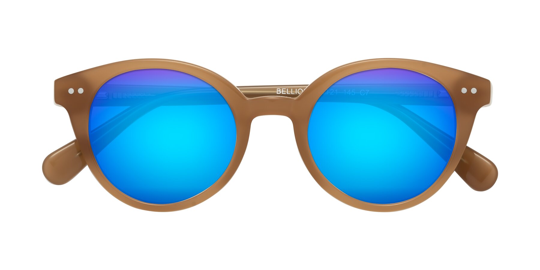 Folded Front of Bellion in Caramel with Blue Mirrored Lenses