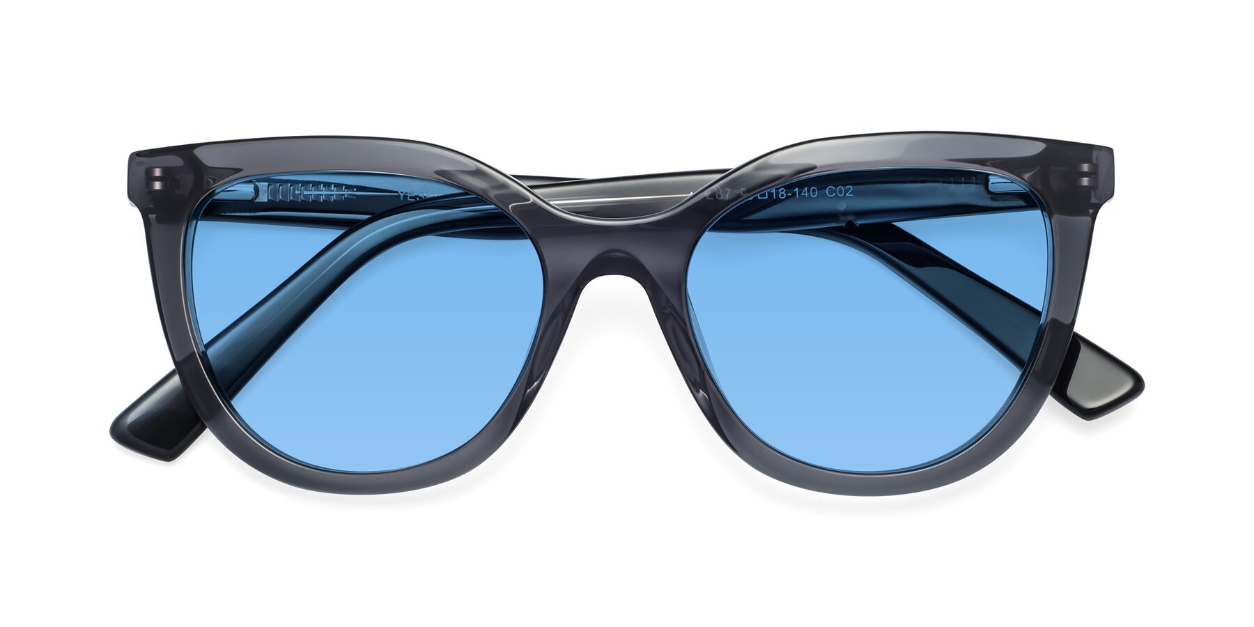 Folded Front of 17287 in Translucent Gray with Medium Blue Tinted Lenses