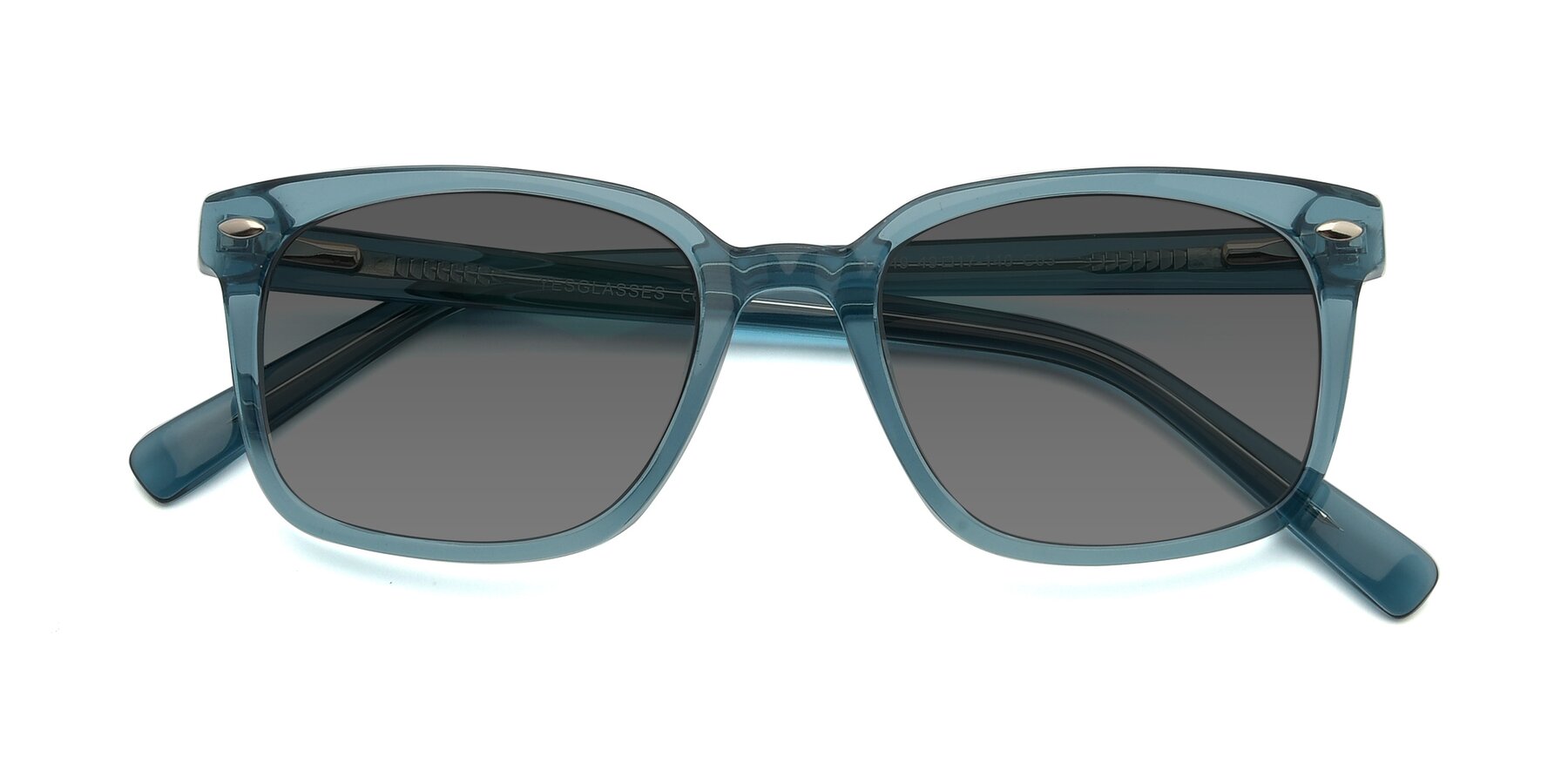 Folded Front of 17349 in Transparent Cyan with Medium Gray Tinted Lenses
